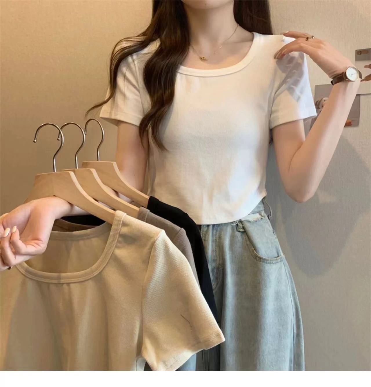 있음 선적 대외 무역 원본 여름 새로운 리브 몸매 가꾸기 곡선 밑단 쇼트 스타일 맨위 여름 반팔 티셔츠 여성