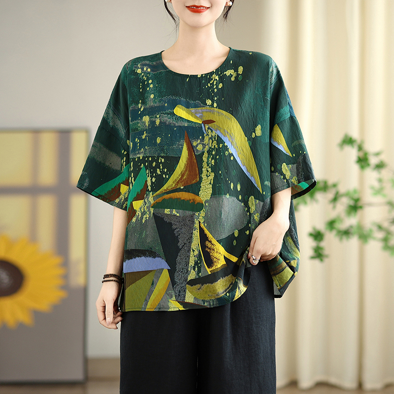 2026 빅 사이즈 레트로 면 린넨 프린트 반소매 티셔츠 여성 여름 루즈핏 지방 mm 표지 배 슬림해 보이는 외국 가스 맨위