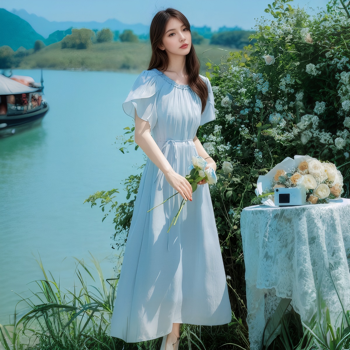 MY7702# 夏季新款气质荷叶领长裙女温柔法式桔梗收腰蓝色雪纺连衣裙女女裝貨源服裝批發
