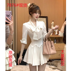 批发Lazy Didi小说女主 日常通勤收腰鱼尾衬衫裙蝴蝶结系带千金连衣裙