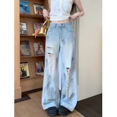 批发实拍实价#新款直筒破洞牛仔<b class='q'>长裤</b><b class='q'>女</b>复古水洗宽松阔腿拖地裤子