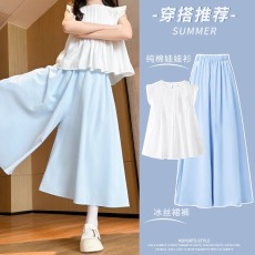 批发<b class='q'>女</b><b class='q'>童</b>短袖套装夏季2025新款儿童冰丝阔腿裤网红夏装大童裙裤两件套