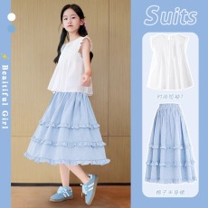 批发<b class='q'>女</b><b class='q'>童</b>短袖套装夏季2026新款儿童冰丝阔腿裤网红夏装大童裙裤两件套