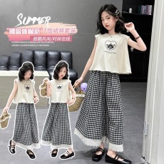 批发<b class='q'>女</b><b class='q'>童</b>夏季套装2026新款女大童休闲无袖t恤中大童蕾丝宽松格子裤裙