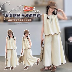 批发<b class='q'>女</b><b class='q'>童</b>套装洋气2026新款夏季中大儿童纯棉飞袖阔腿裤两件套时尚炸街