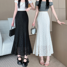 白色镂空蕾丝拼接半身裙女春夏中长款高腰辣妹A字法式包臀鱼尾裙