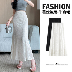 黑色镂空蕾丝拼接半身裙女春夏中长款高腰辣妹A字法式包臀鱼尾裙