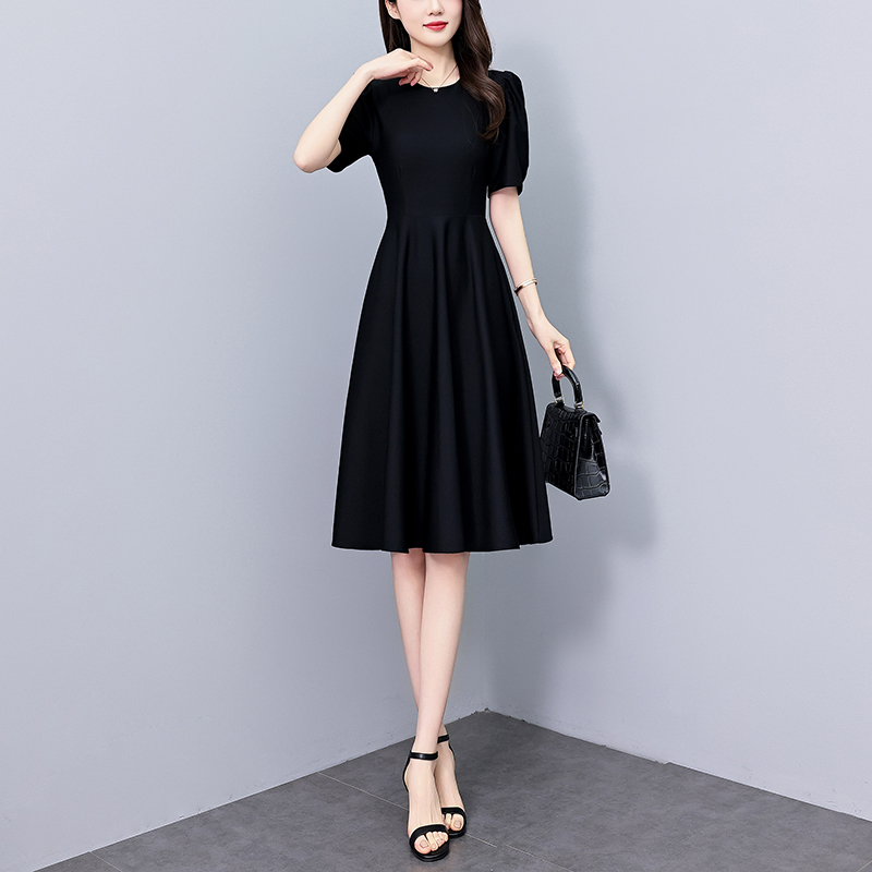 MY4649# 赫本风黑色连衣裙女夏长款新款大码收腰显瘦胖mm小黑裙子女裝貨源服裝批發