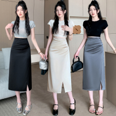 黑色醋酸缎面开叉半身裙女夏季新款显瘦褶皱包臀裙A字气质长裙子