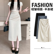 杏色缎面开叉半身裙女夏季新款高腰显瘦褶皱包臀裙A字气质长裙子