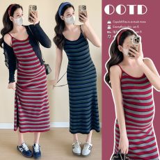 批发实拍2025夏季新款吊带条纹孕妇装长款显瘦孕妇吊带连衣裙