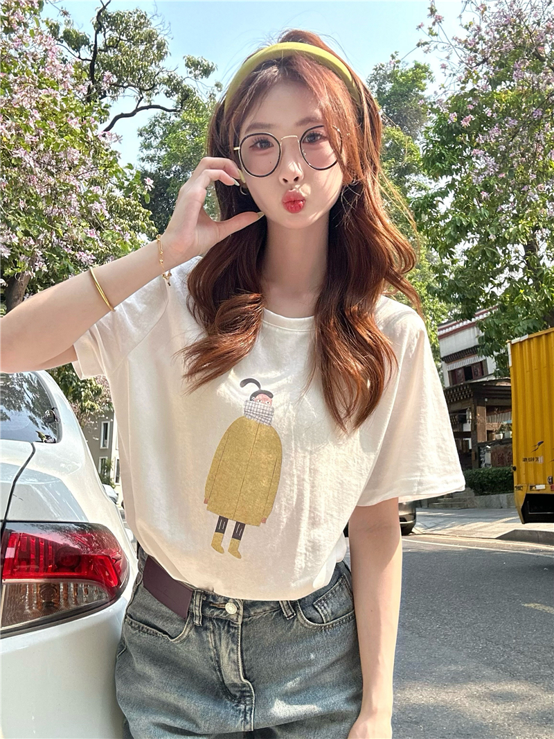 실사 정가 한 부서 미니멀리즘 ins 바람 프린트 반팔 티셔츠 여성 여름 루즈핏 캐주얼 맨위