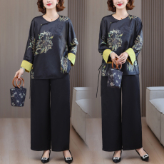 批发2025夏季新款印花优雅气质妈妈上衣裤子高端龟纹香云纱真丝女套装