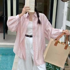 批发韩版夏季提花衬衫宽松设计感休闲防晒衣女时尚长袖外套原宿风衬衣