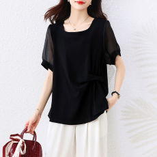 批发大码不规则宽松显瘦短袖t恤女<b class='q'>加肥</b><b class='q'>加大</b>码夏季新款雪纺拼接薄上衣