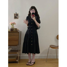 批发实拍～大码女装黑色V领衬衫连衣裙胖MM高级感气质短袖收腰显瘦裙