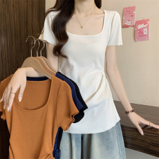 实拍实价 新版韩风设计感侧边抽褶绑带短袖针织衫