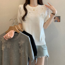 批发实拍大码<b class='q'>女</b>装夏季重工钉珠立体花朵短袖<b class='q'>T</b><b class='q'>恤</b>胖mm时尚百搭针织上衣