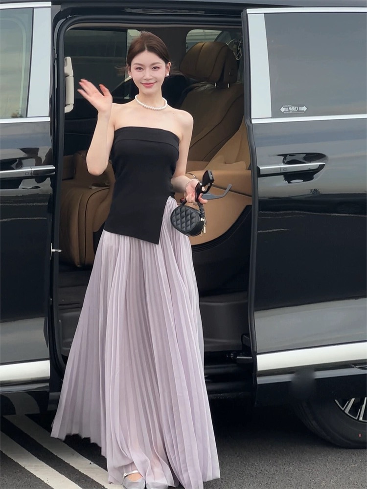 FA25945# 气质穿搭一整套上流社会高端名媛千金感法式抹胸独特紫色半裙套装 服裝批發女裝批發服飾貨源