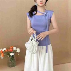 批发花朵斜襟盘扣褶皱设计<b class='q'>针织衫</b><b class='q'>女</b>夏季新款短袖收腰中式国风坎肩上衣