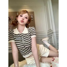 批发美式复古polo领条纹T恤女夏季新款洋气减龄短款上衣学院风<b class='q'>体恤衫</b>