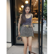 批发angelababy<b class='q'>杨颖</b><b class='q'>同款</b>灰色牛仔吊带毛边短裙高级感酷飒拽姐套装裙