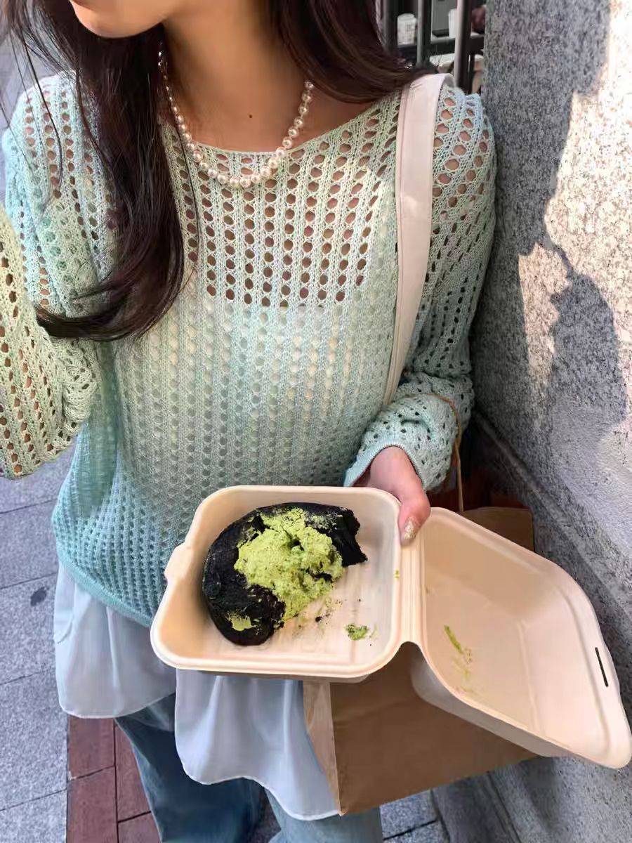 한국 동대문 분위기 센스 홀로우 아웃 니트 여성 봄 품격 출퇴근 다용도 루즈핏 라운드 넥 긴팔 기본 셔츠