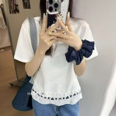 批发<b class='q'>夏</b>装大码女装镂空花边拼接短袖T恤休闲宽松上衣M 4XL200斤