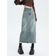 批发实拍大码牛仔半身裙女<b class='q'>夏</b>季高腰显瘦美式复古毛边直筒裙辣妹包臀