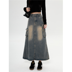 批发实拍#设计感水泥灰高级感美式风潮流大口袋压褶垂感牛仔中长裙女