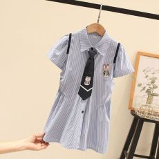 批发女童裙子夏装2026童装学院风<b class='q'>衬衫</b>裙子洋气时髦<b class='q'>儿童</b>条纹<b class='q'>衬衫</b>连衣裙