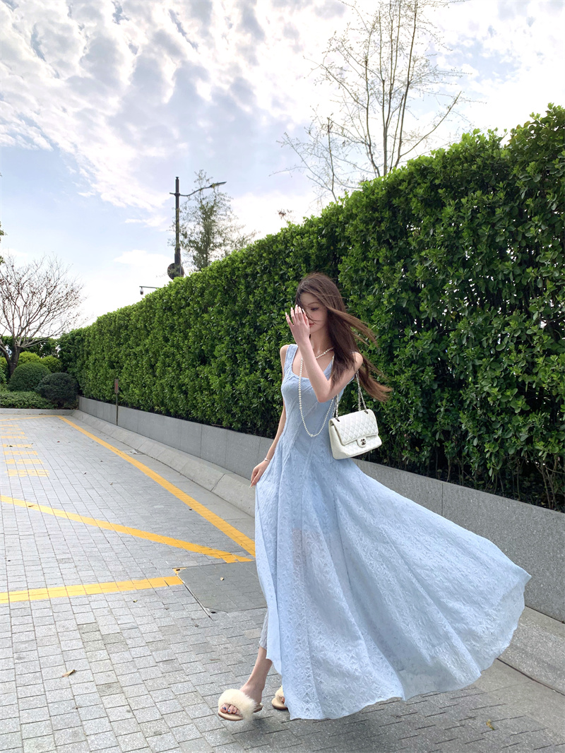 실사 파란색 슬립 여성 드레스 새로운 허리 수축 라이센스 예복 휴가 해변 프랑스식 롱 스커트