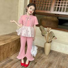 新中式国风女童套装2026新款夏季设计感儿童盘扣T恤喇叭裤两件套