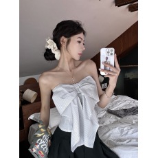 批发蝴蝶结条纹抹胸背心女夏季修身辣妹无袖裹胸短款露背上衣
