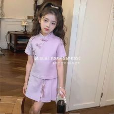 女童国风套装2026新款夏季中大童盘扣短袖短裙女孩新中式两件套潮