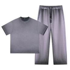 批发2025年夏季新款男装套装230G克重磅纯棉潮牌落肩款水洗做旧长裤男