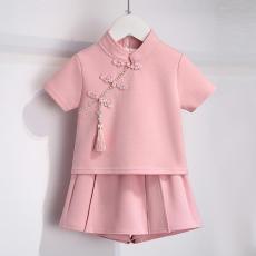 批发<b class='q'>女</b><b class='q'>童</b>休闲套装夏款2026洋气新款时尚中大童紫色盘扣短袖短裤两件套