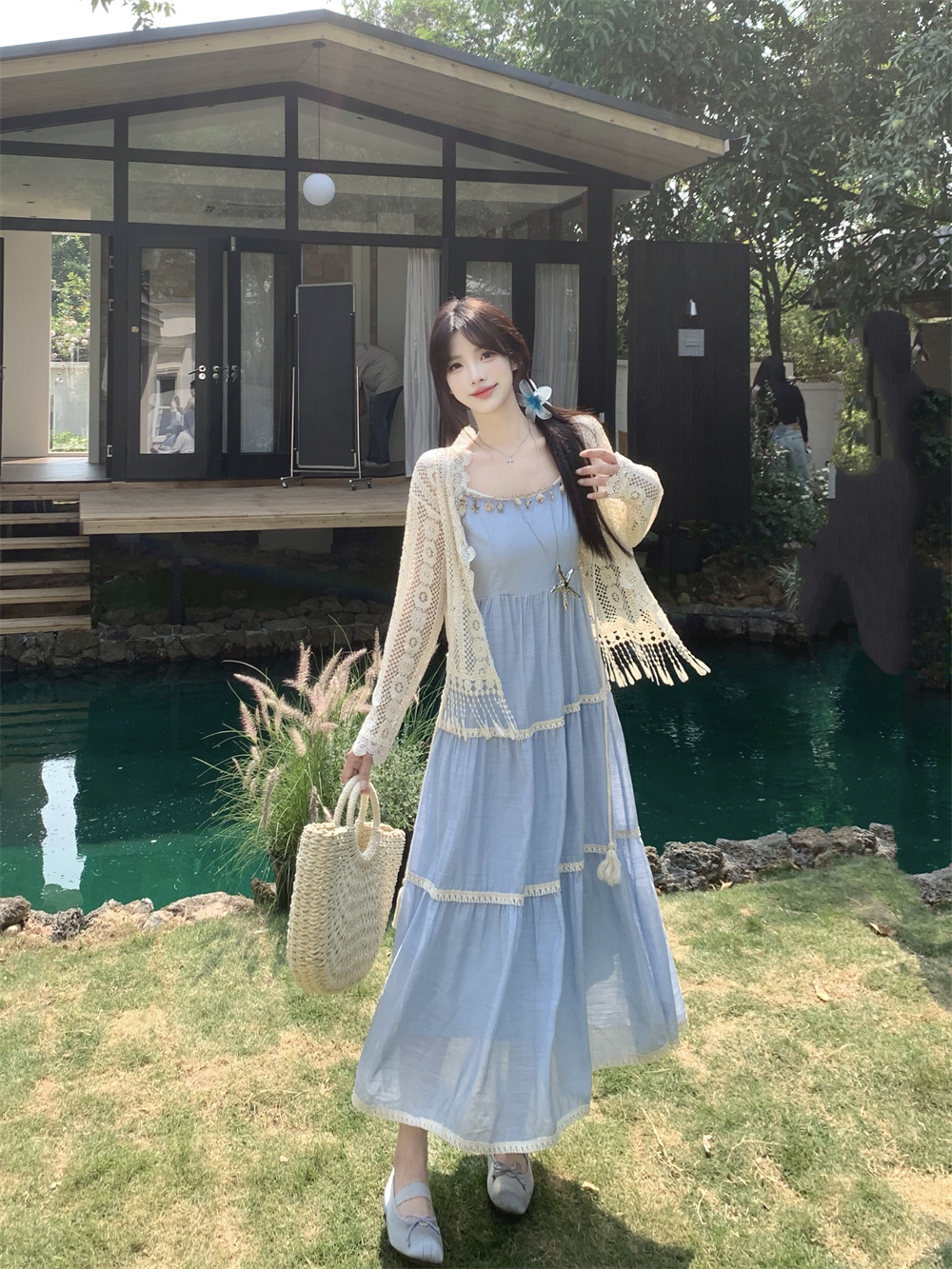 실사 빅 사이즈 프랑스식 부드러운 바람 드레스 여름 새로운 휴가 바람 홀로우 아웃 오픈 가디건 플러스 슬립 드레스 투피스 세트