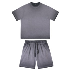 批发2025年夏季新款男装套装230G克重磅纯棉潮牌落肩款水洗做旧短裤男