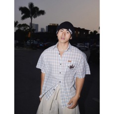 批发原版毛巾绣 美式复古宽松格子短袖衬衫男女情侣格林纹休闲上衣款