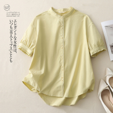 批发实拍#日系清新黄色短袖<b class='q'>衬衫</b>女纯棉设计感小众花边圆领<b class='q'>衬衣</b>夏
