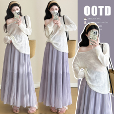 批发 实拍孕妇春夏新款冰凉针织衫防晒衫＋孕妇百褶紫色半身长裙