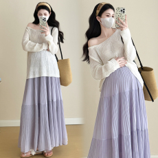 批发 实拍孕妇春夏新款防晒针织衫＋孕妇百褶紫色半身长裙