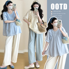 批发 实拍孕妇新款2025春夏洋气时尚孕妇短袖上衣＋九分奶奶裤子