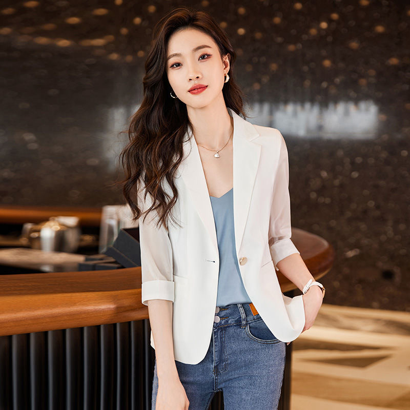 MY6954# 白色雪纺七分袖西装外套女夏薄款新款大码小个子高级感西服女裝...