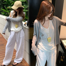 批发孕妇新款2025天丝防晒外搭开衫＋无袖背心休闲棉麻裤子三件套