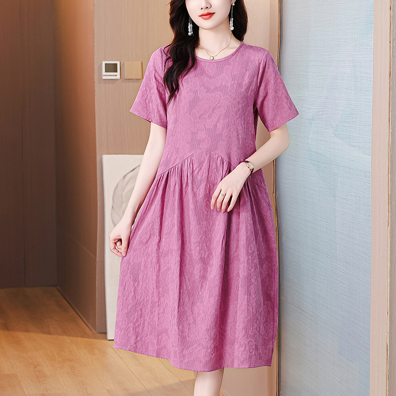 MY4907# 棉麻提花连衣裙女夏季新款时尚中年妈妈薄款裙子宽松大码裙女裝...