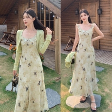 批发实拍现 2026新款大码女装春<b class='q'>夏装</b> 无袖印花<b class='q'>连衣裙</b>绿色开衫两件套