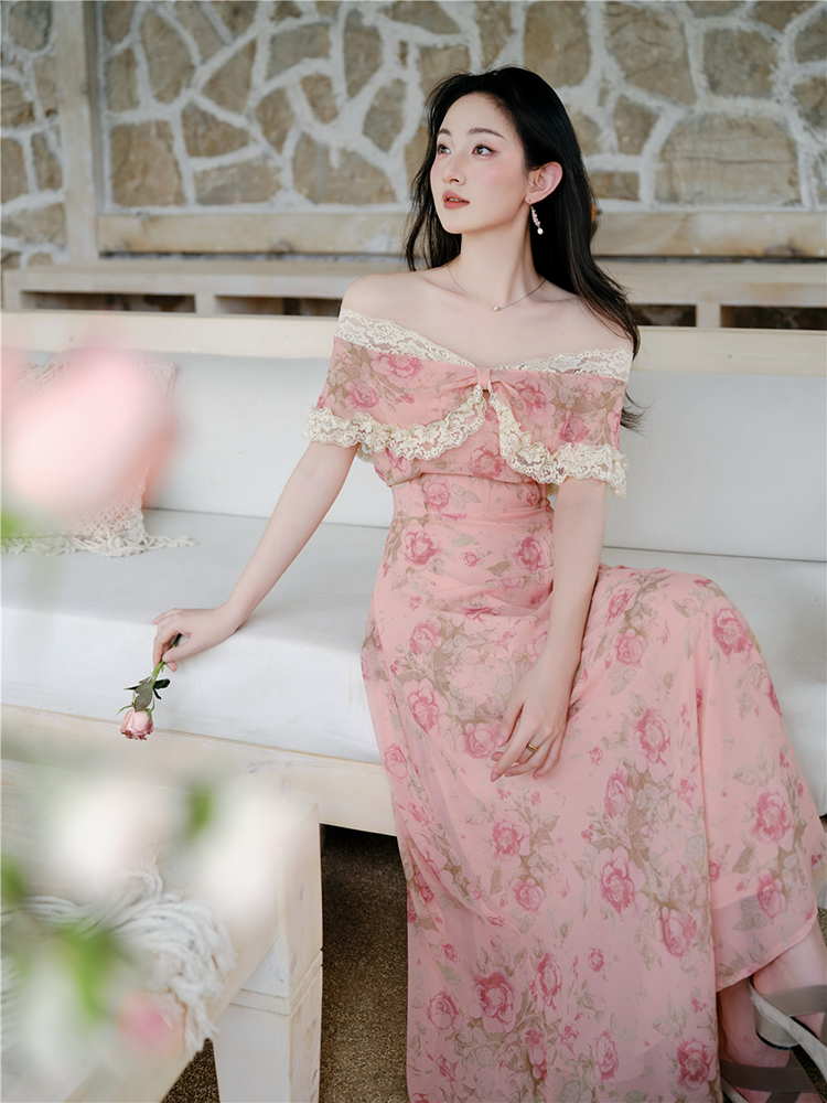 BY27371# 春夏两穿乔其纱肉桂粉露肩蕾丝碎花连衣裙 服裝批發女裝批發服飾貨源