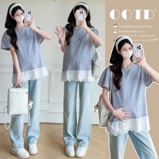 批发实拍2026<b class='q'>孕妇</b><b class='q'>夏装</b>时尚气质新款短袖<b class='q'>T</b><b class='q'>恤</b>设计感蕾丝宽松显瘦上衣